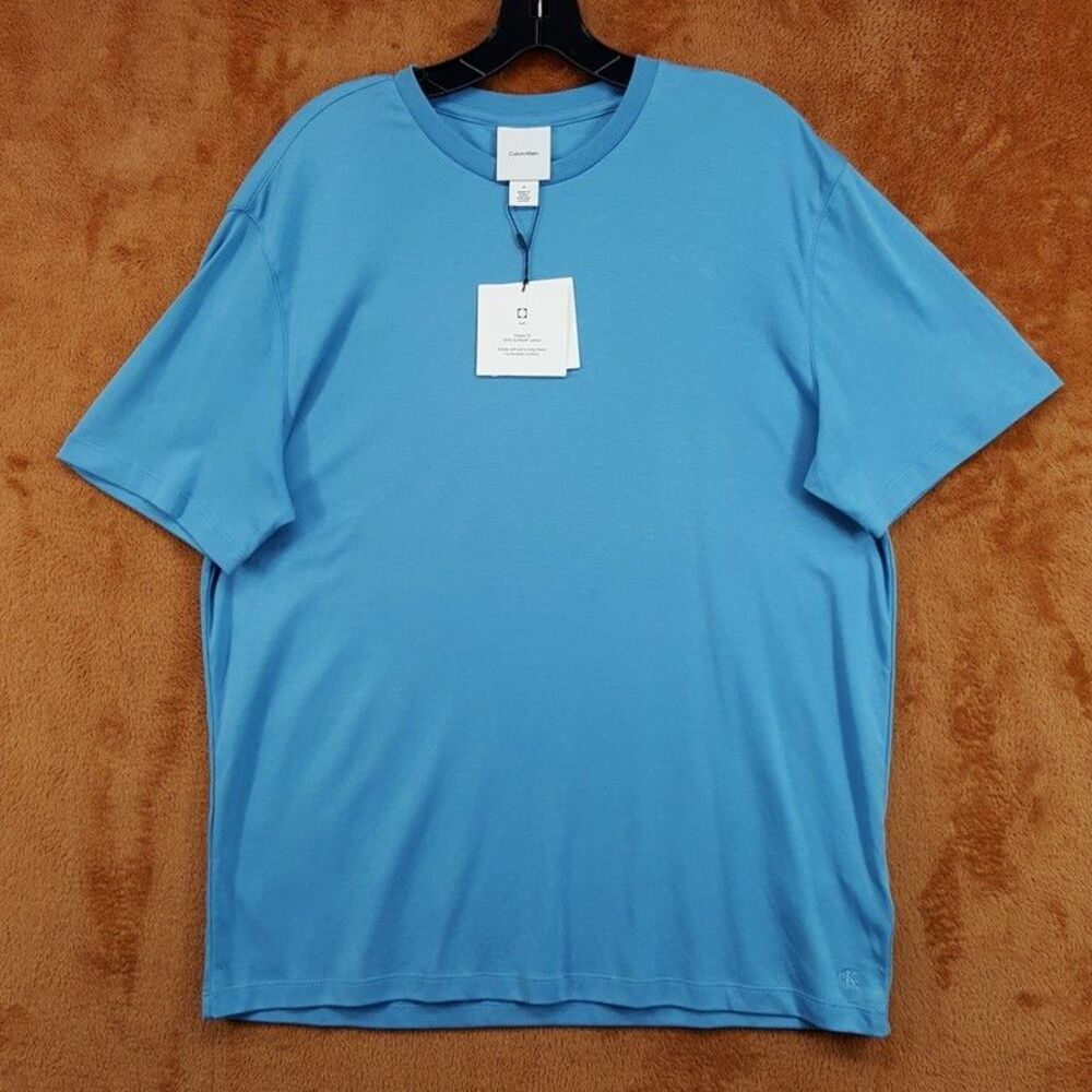 CALVIN KLEIN Shirt Mens Large Blue Pullover Crew Logo 100% Supima Cotton Soft
